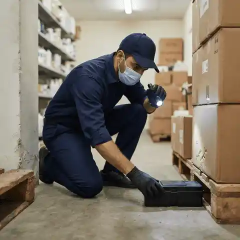 فني من شركة مكافحة الفئران بيحط محطة طعم للفئران جنب الحيطة في مخزن